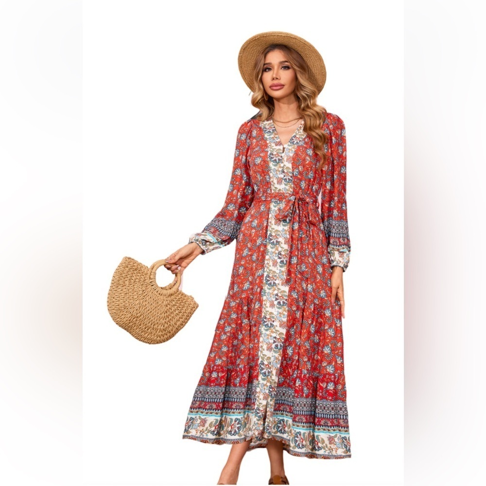 R.Vivimos Long Sleeve Boho Midi Dress V Neck Floral Print Casual Button Down